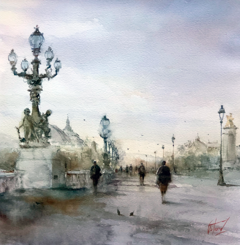 Alexandre III Bridge, artwork by Pierre Gutierrez. Watercolor on paper. 14 by 14 inches.