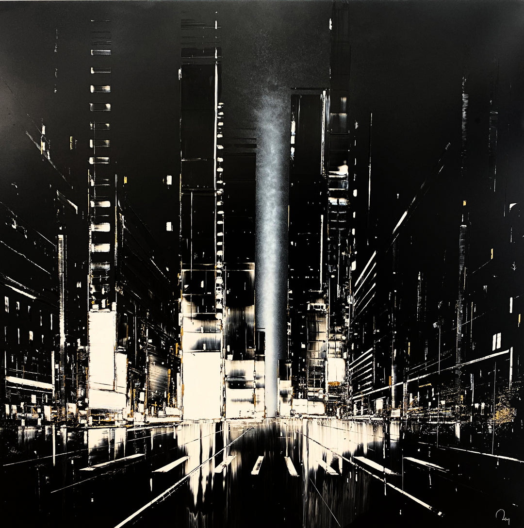 Julien Rey "Astoria", black, white and gold cityscape, lacquer &amp; gold leaf on 39.5x39.5" dibond