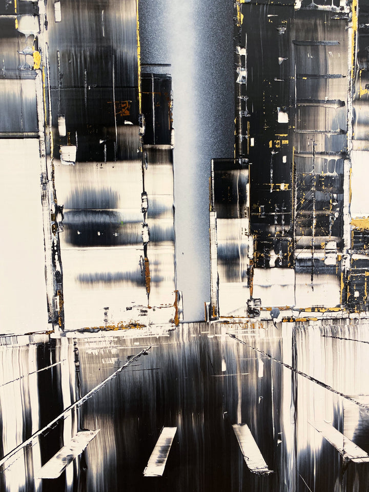 Detail of Julien Rey "Astoria", black, white and gold cityscape, lacquer &amp; gold leaf on 39.5x39.5" dibond