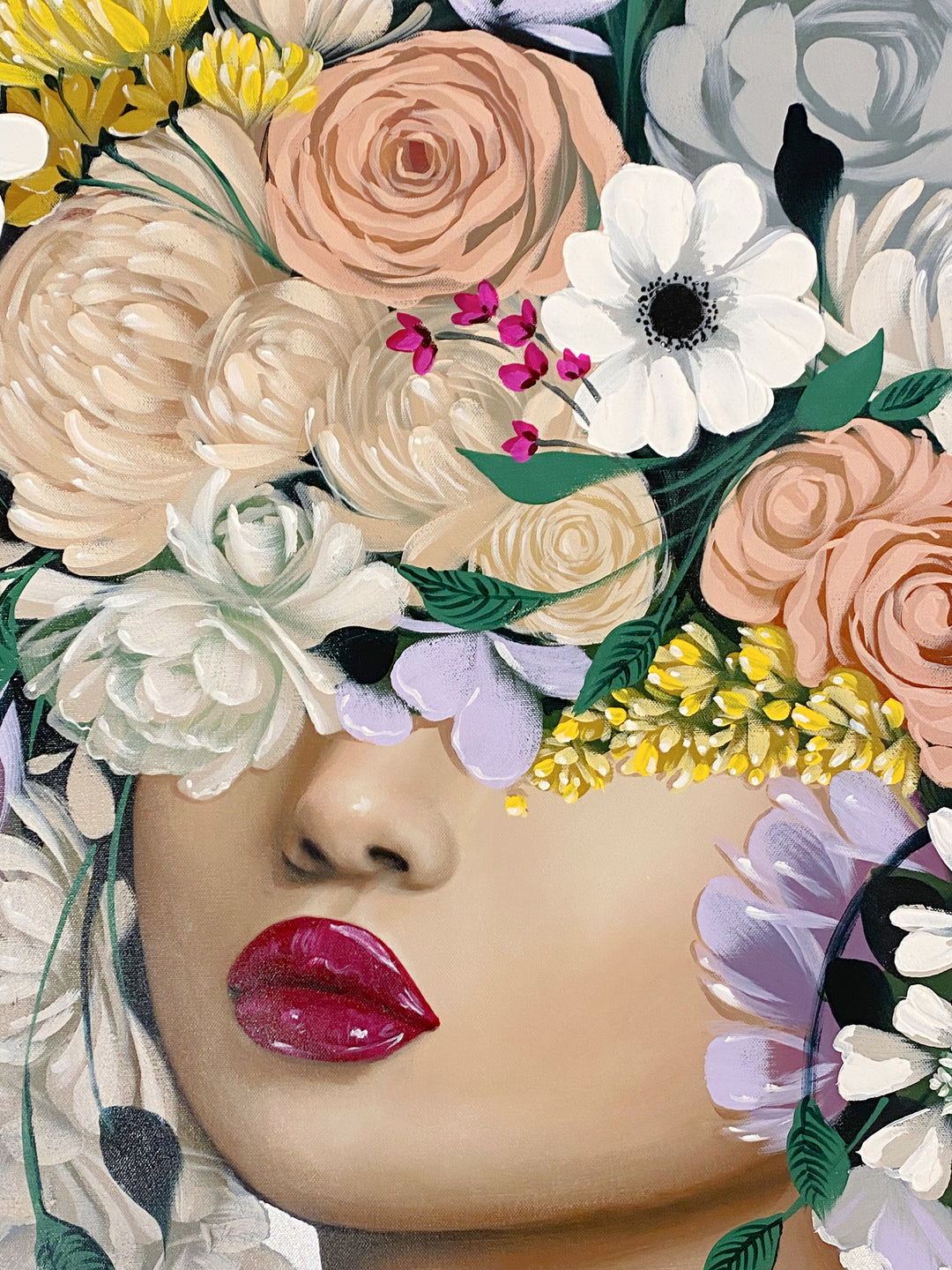 Detail of Sally K "Bai", Acrylic and silver leaf on 42x37" canvas. Portrait of female with multicolor flower adornment.