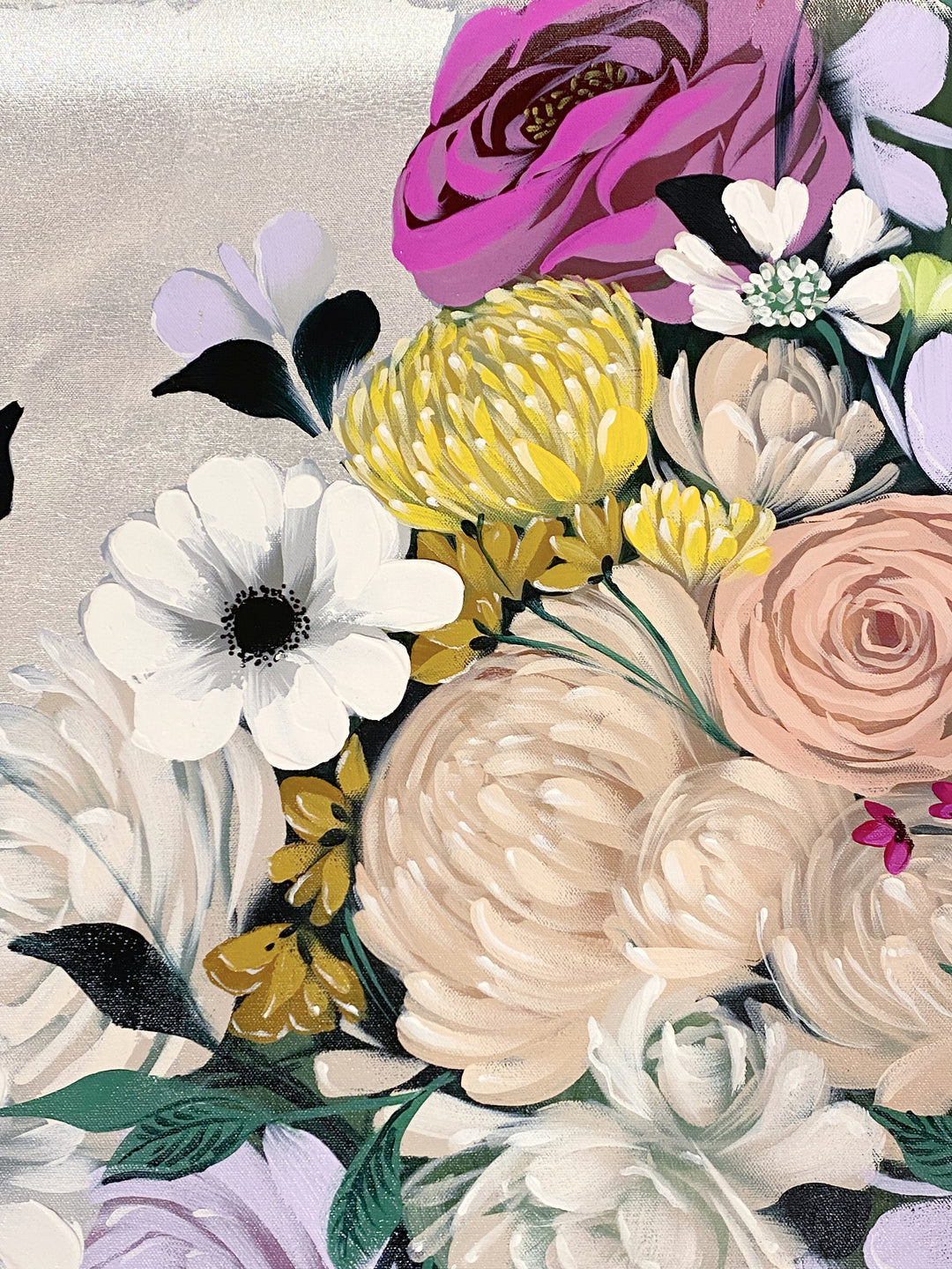 Detail of Sally K "Bai", Acrylic and silver leaf on 42x37" canvas. Portrait of female with multicolor flower adornment.