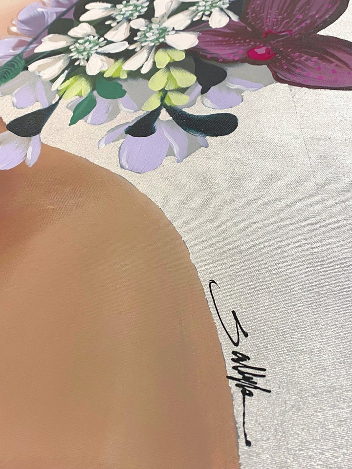 Detail of Sally K "Bai", Acrylic and silver leaf on 42x37" canvas. Portrait of female with multicolor flower adornment.
