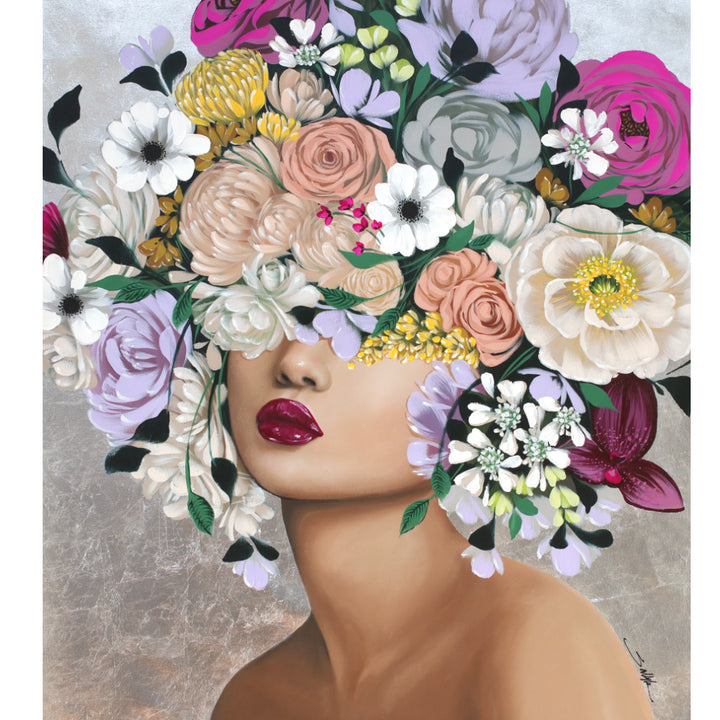 Sally K "Bai", Acrylic and silver leaf on 42x37" canvas. Portrait of female with multicolor flower adornment.