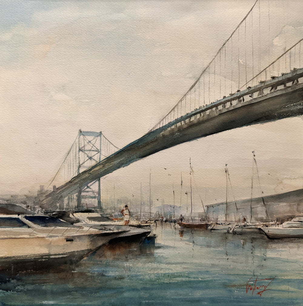 Benjamin Franklin Bridge, artwork by Pierre Gutierrez. Watercolor on paper. 14 by 14 inches.