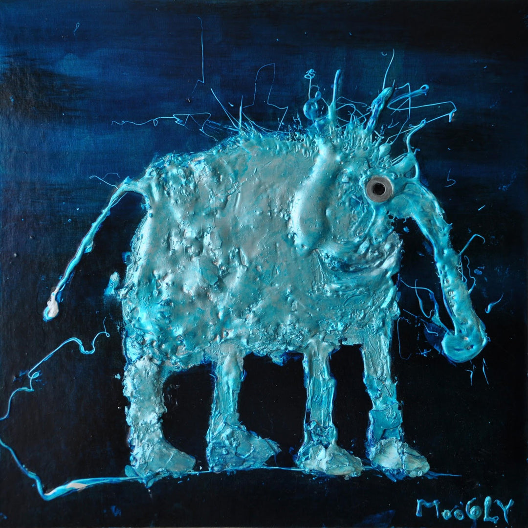 Bloated, artwork by Moogly. Acrylic paint, India ink, natural pigments, collage &amp; lacquer on cardboard. 14 by 14 inches.