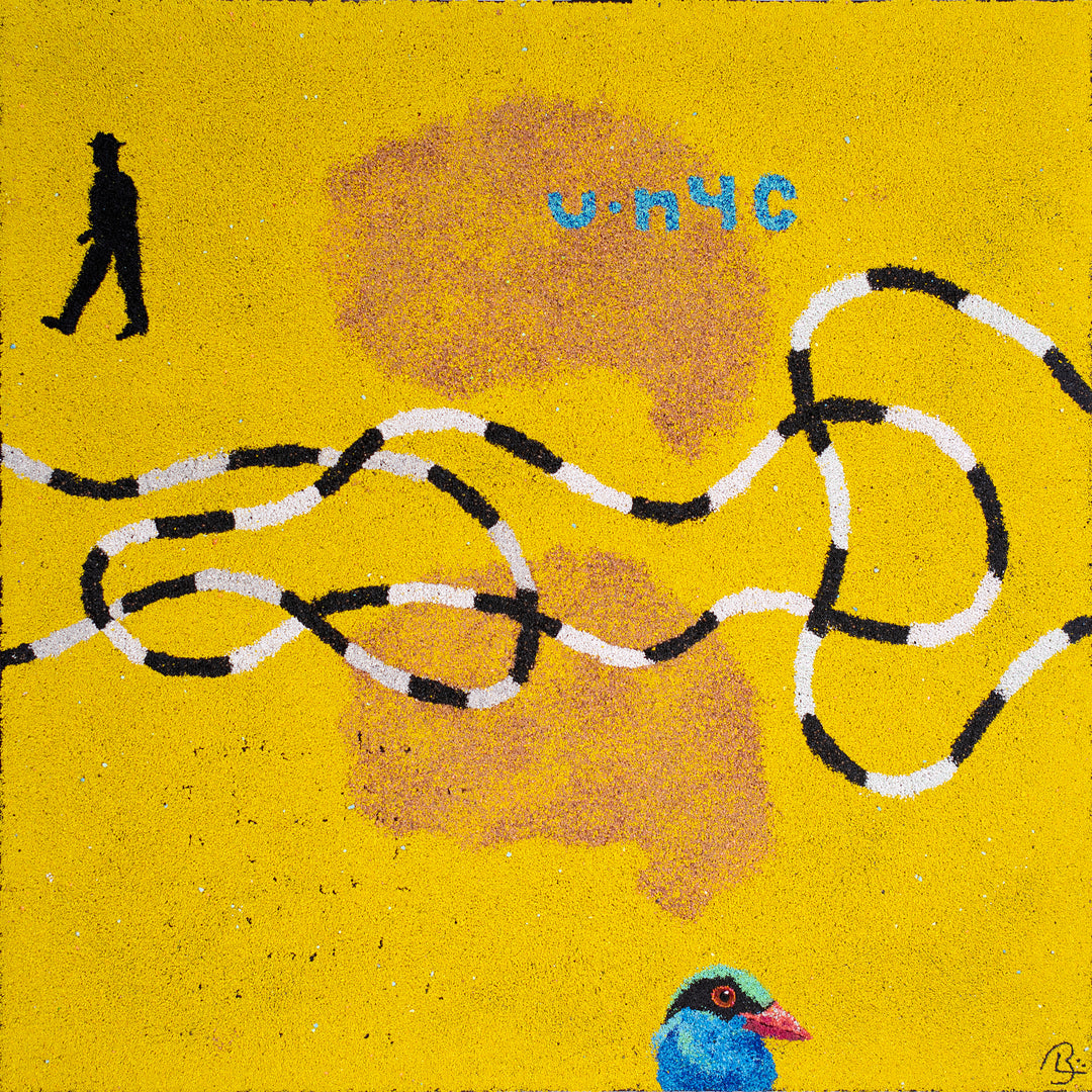 Bingo Bombard by Bob Lanstrom. Yellow pigmented volcanic rock on canvas, abstract artwork featuring a blue bird and a gentleman walking.