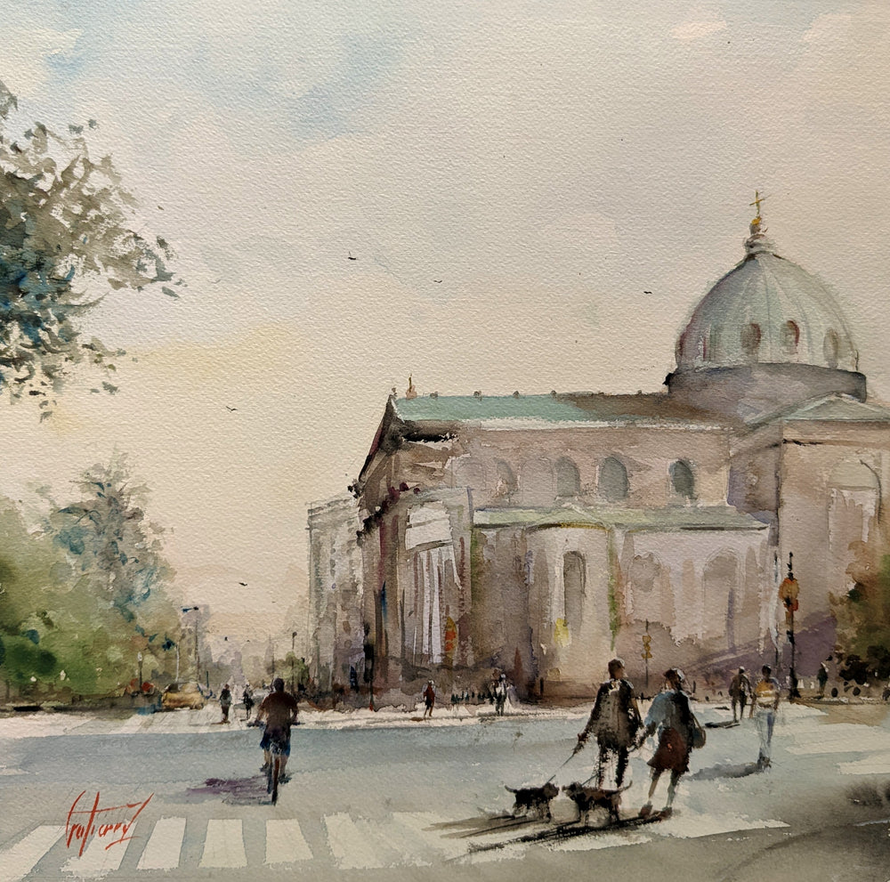 Cathedral Basilica of Saints Peter and Paul, artwork by Pierre Gutierrez. Watercolor on paper. 14 by 14 inches.