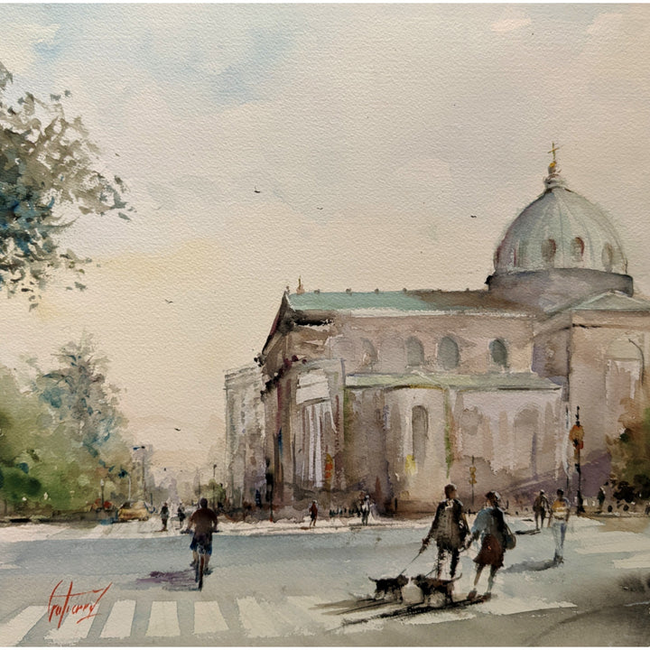 Cathedral Basilica of Saints Peter and Paul, artwork by Pierre Gutierrez. Watercolor on paper. 14 by 14 inches.