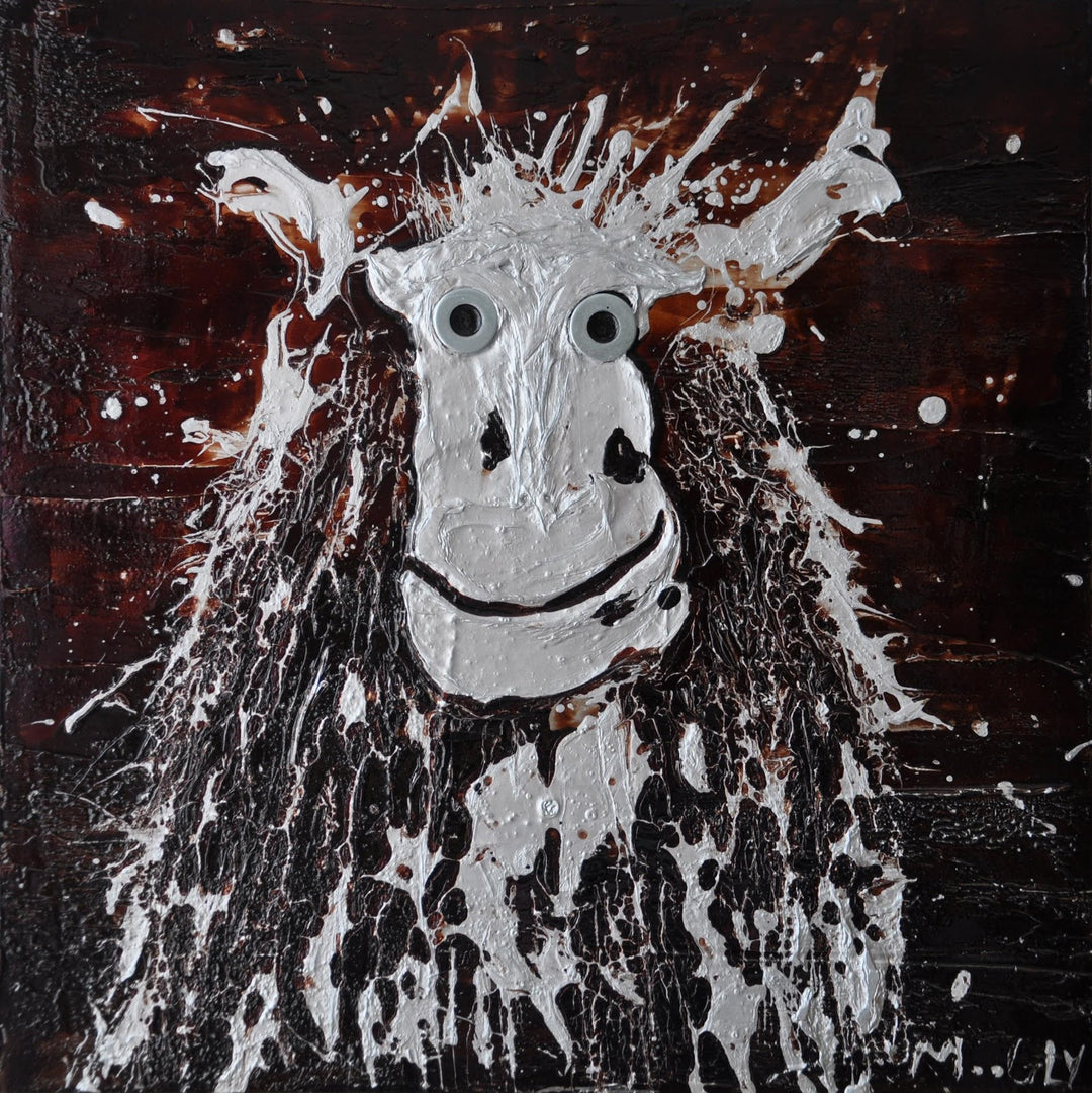 Disconnected, artwork by Moogly. Acrylic paint, India ink, natural pigments, collage &amp; lacquer on cardboard. 14 by 14 inches.
