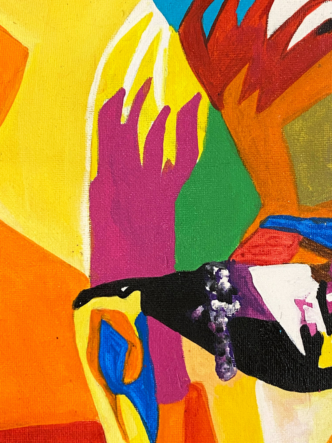 Detail of Suave Gonzalez "Elton", multicolor geometric abstract portrait. Acrylic on 14x14" canvas.