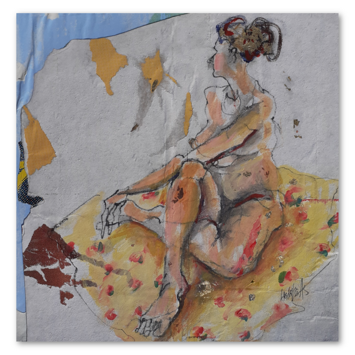 Esquisse XXXI, artwork by Corinne Labarussias. Charcoal, pigments, &amp; gold leaf on advertising paper. 14 by 14 inches.