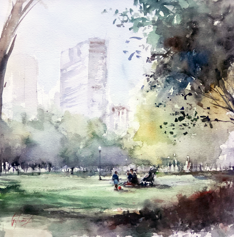 Family at Park, artwork by Pierre Gutierrez. Watercolor on paper. 14 by 14 inches.