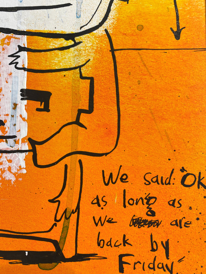 Detail of Jan-Hein Arens "Fructose Adventure". Blue, orange and white figurative illustration with text, acrylics and ink on 14"x14" paper.