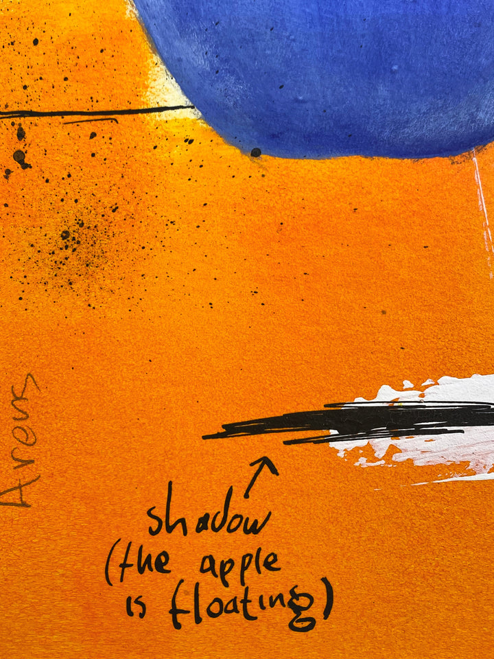Detail of Jan-Hein Arens "Fructose Adventure". Blue, orange and white figurative illustration with text, acrylics and ink on 14"x14" paper.