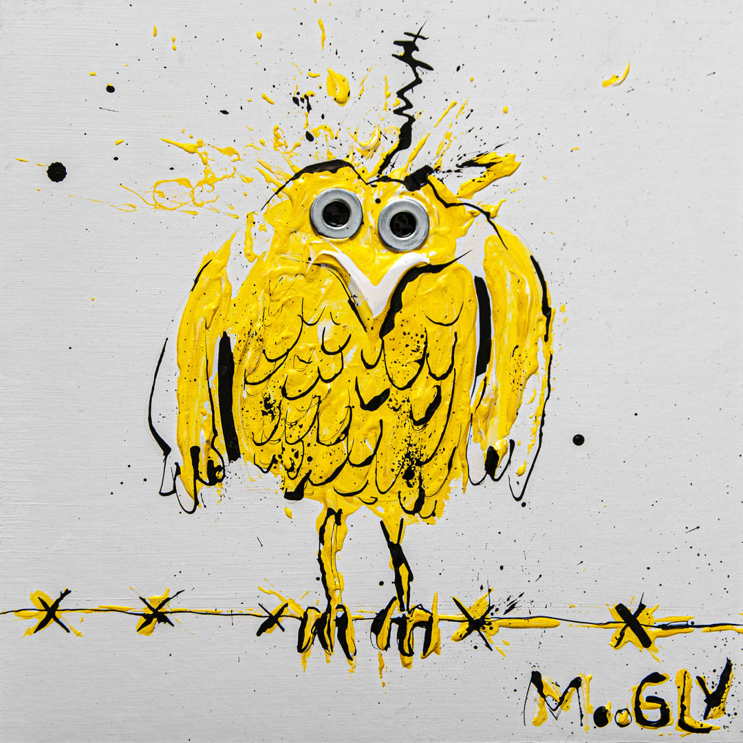 Moogly "Head-Egged", 10" x 10" white and yellow abstract animal painting. Acrylic and collage on board.