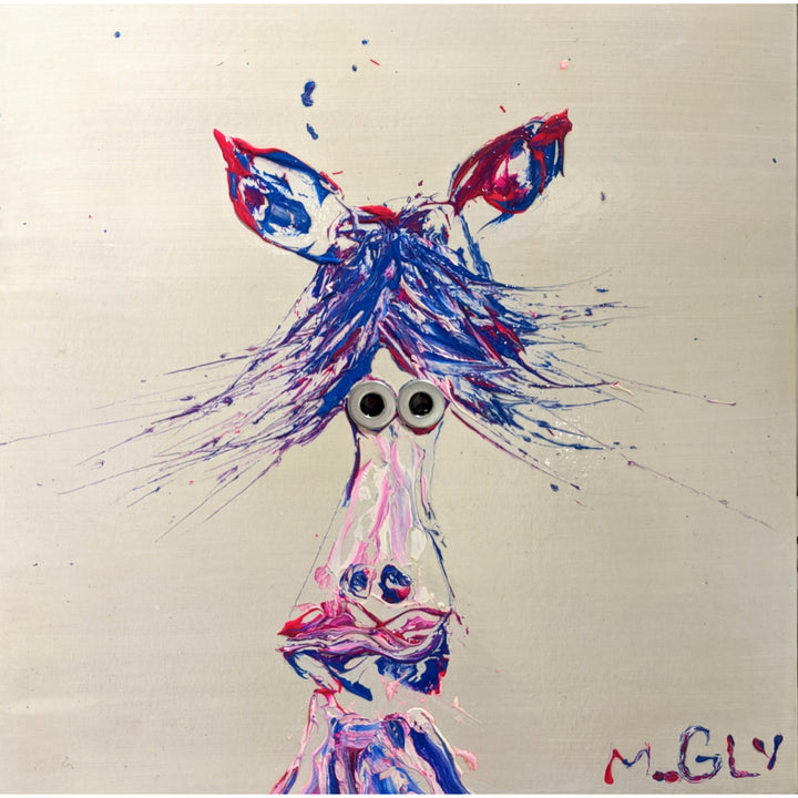 Humanized, artwork by Moogly. Acrylic and collage on cardboard. 14 by 14 inches.