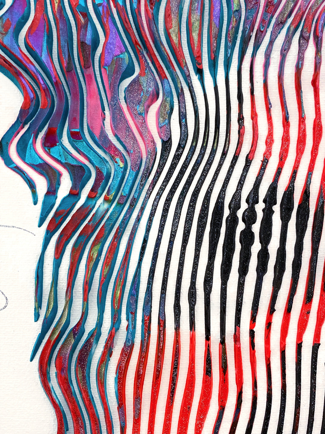 Detail of Virginie Schroeder "The Most Iconic, David Bowie", 10" x 10" white and multicolor abstract portrait painting. Acrylic and oil on canvas.
