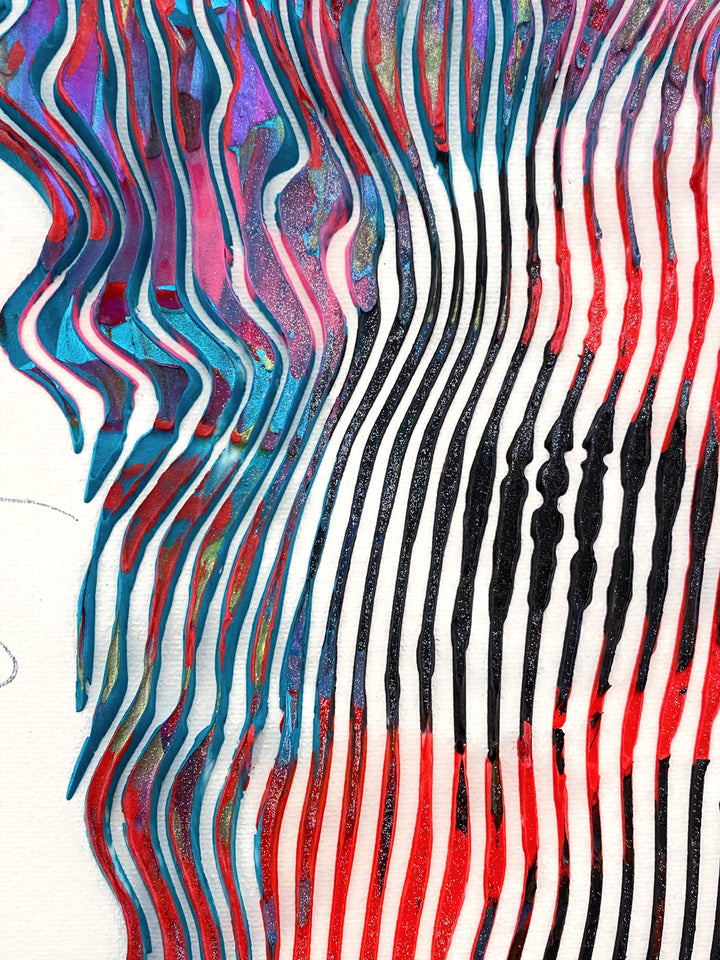 Detail of Virginie Schroeder "The Most Iconic, David Bowie", 10" x 10" white and multicolor abstract portrait painting. Acrylic and oil on canvas.
