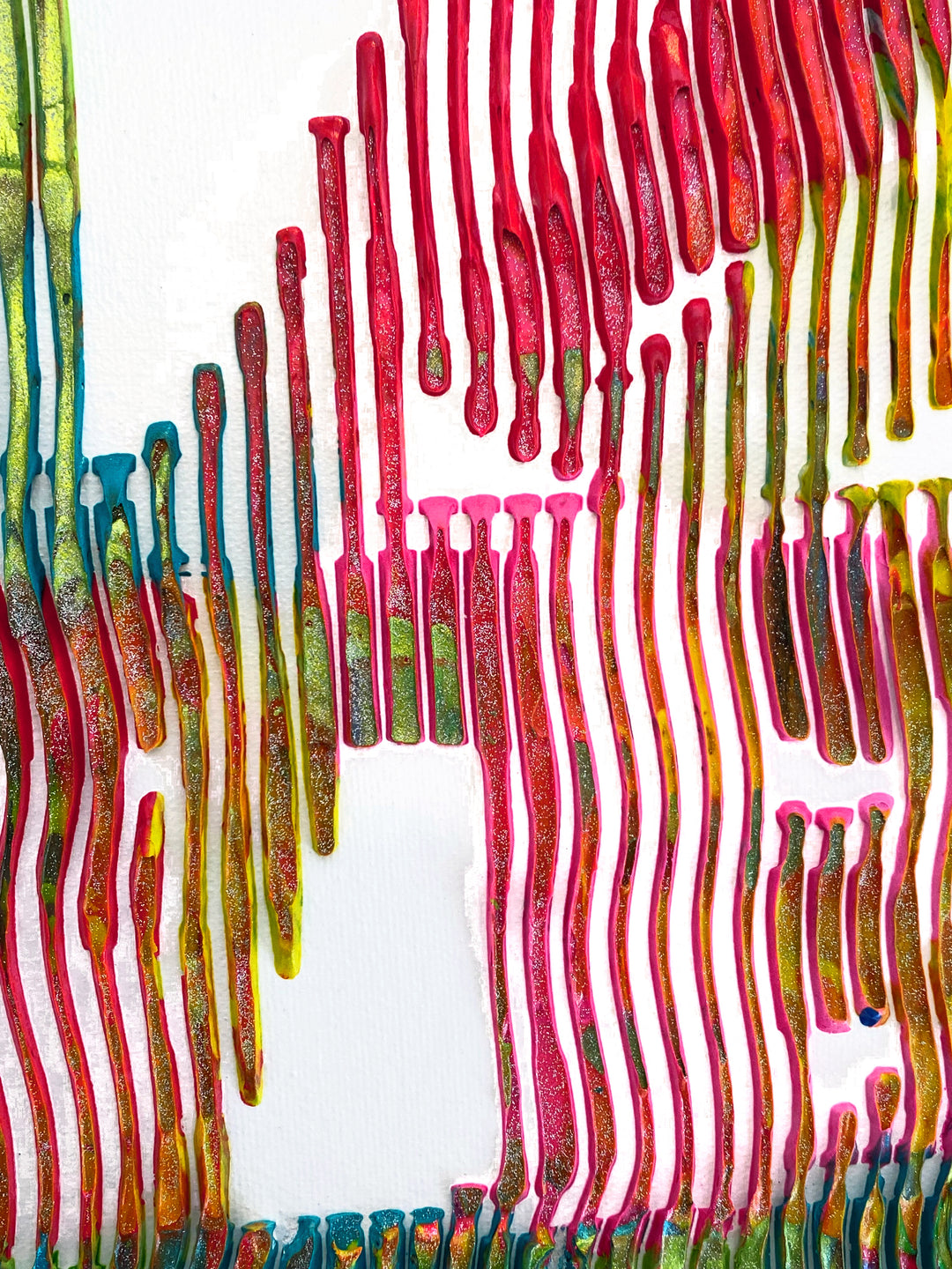 Detail of Virginie Schroeder "Love Philadelphia", 10" x 10" white and multicolor abstract painting. Acrylic and oil on canvas.
