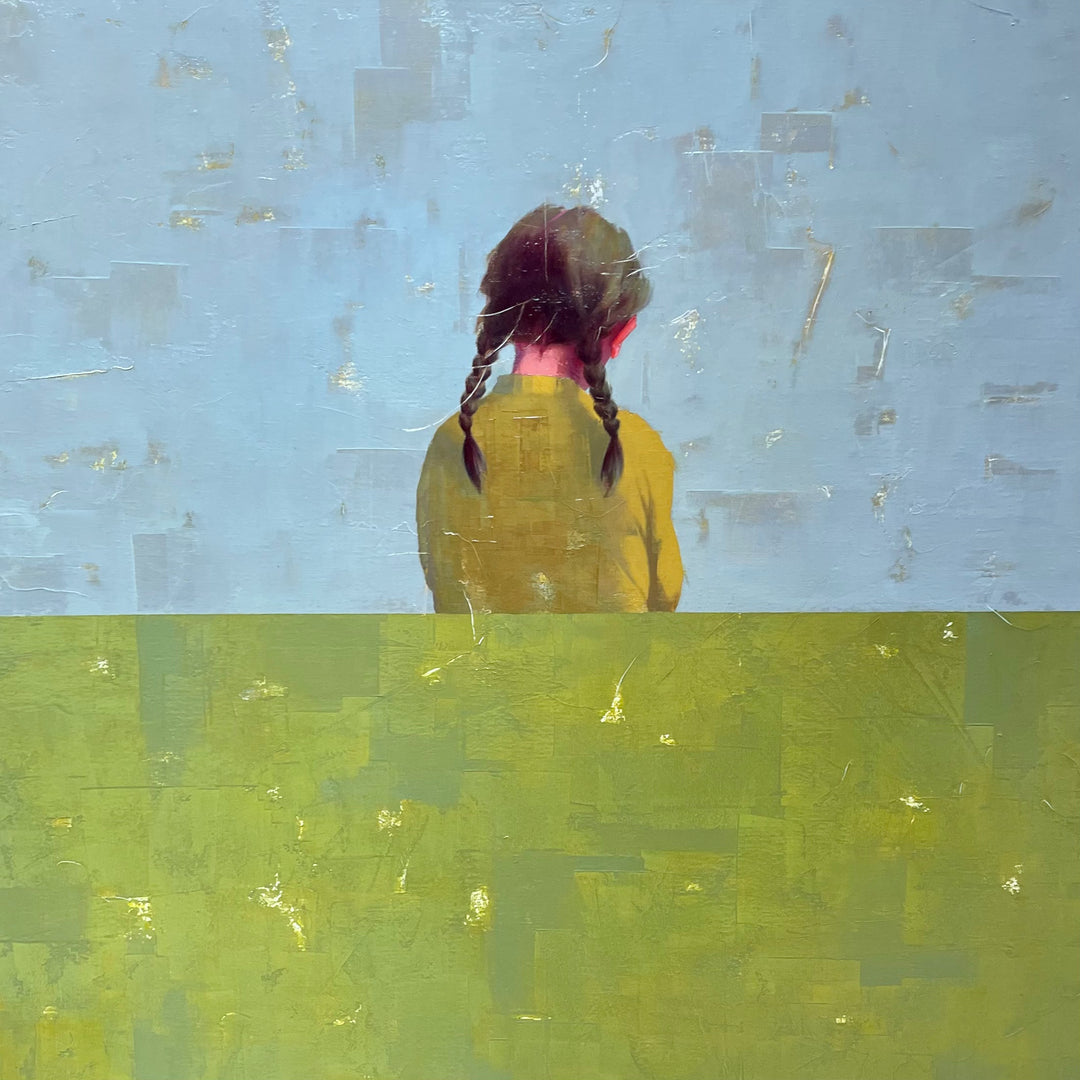Undefined Time painting by Tomasa Martin, 40" x 40". Oil and acrylic on linen painting of a girl with braids facing away from the viewer, in blue green and yellow.