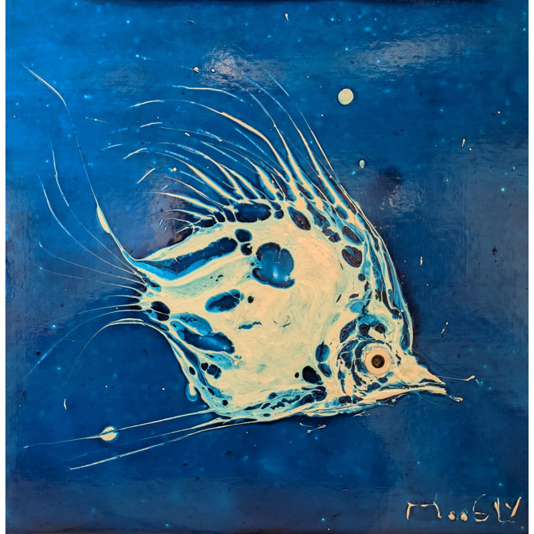 Impulsive, artwork by Moogly. Acrylic and collage on cardboard. 14 by 14 inches.