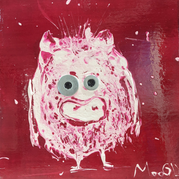 Irritated, artwork by Moogly. Acrylic and collage on cardboard. 10 by 10 inches.