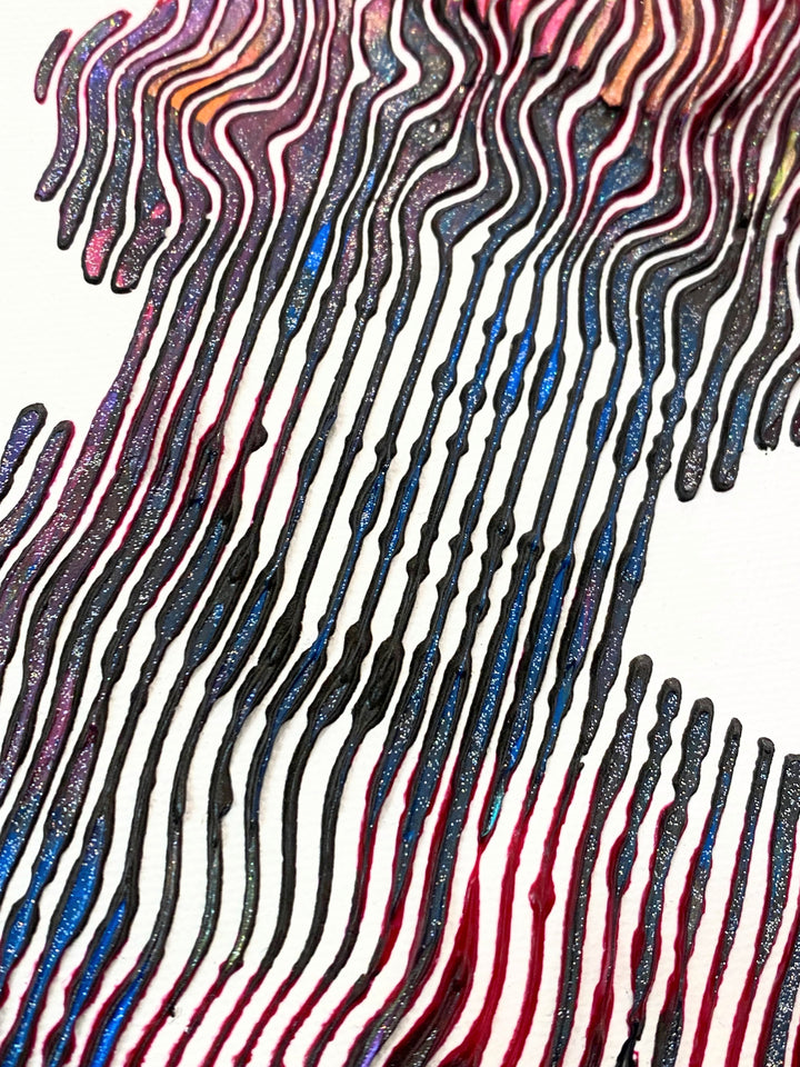 Detail of Virginie Schroeder "Jimi Hendrix, The Icon of The Pop Rock and Star Forever", 10" x 10" white and multicolor abstract portrait painting. Acrylic and oil on canvas.