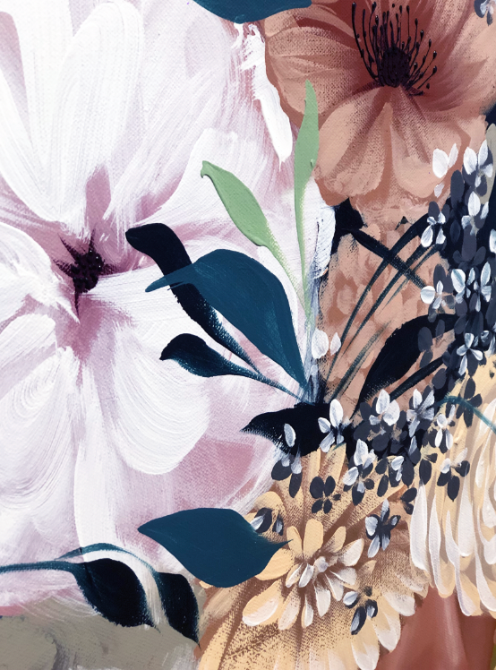 24"W x 36"H, acrylic portrait on canvas. Woman in profile with her eyes and hair covered by white and blush-toned flowers.
