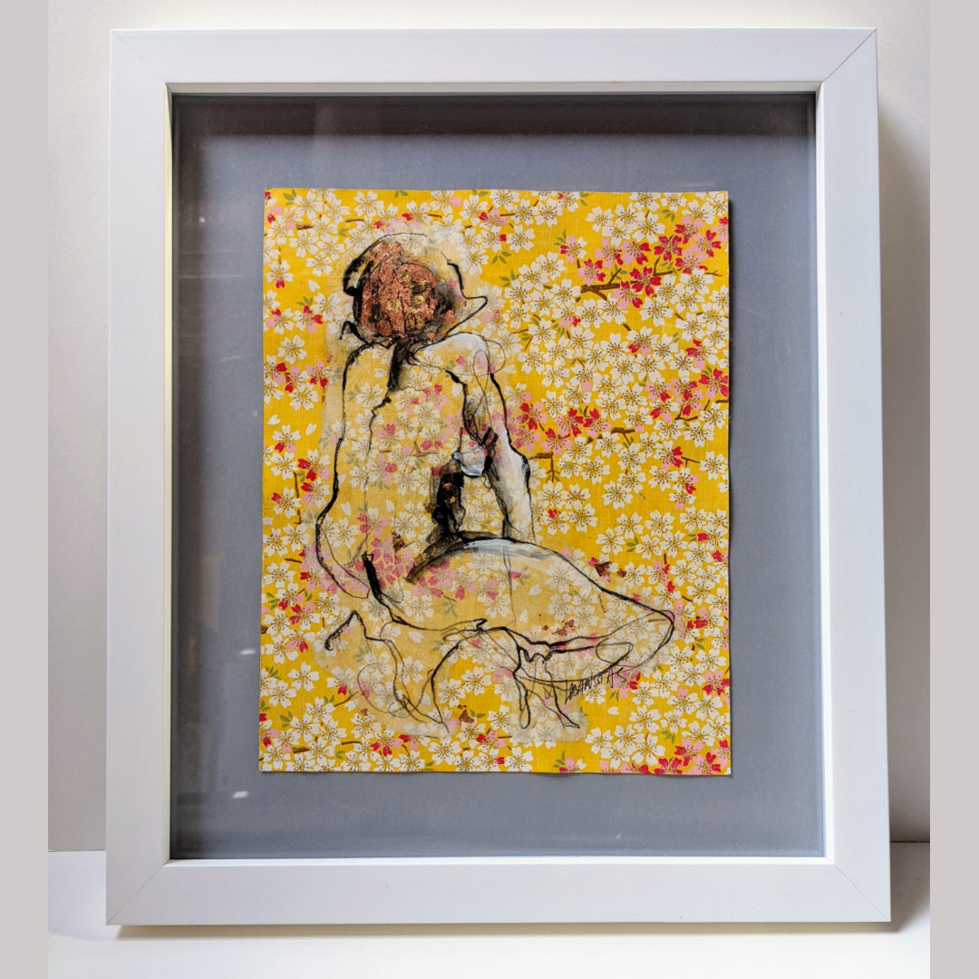 La Vie En Fleurs III, artwork by Corinne Labarussias. Charcoal, watercolor, &amp; gold leaf on Japanese paper. 17.5 by 15.25 inches.