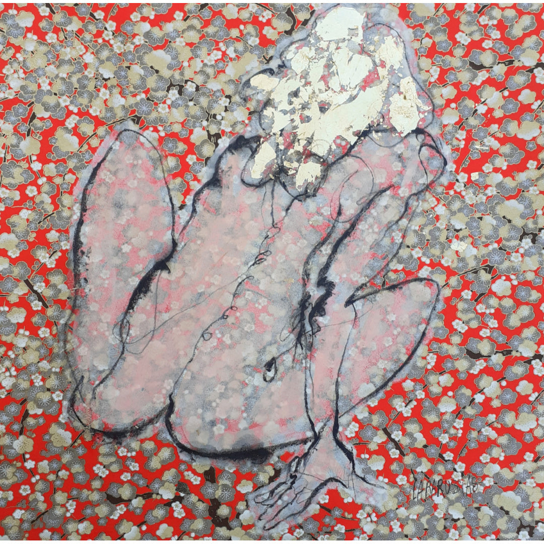 Corinne Labarussias "La vie en fleurs 52". Charcoal, pigments &amp; gold leaf on 14x14" Japanese paper. Portrait of nude female with flowers and red background.