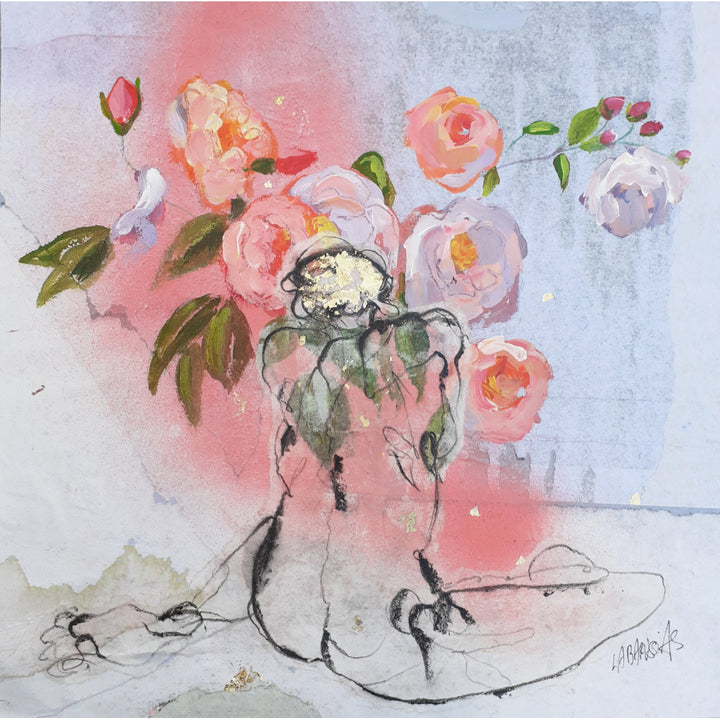 Corinne Labarussias "La vie en rose 55". Charcoal, pigments, spray paint &amp; gold leaf on 14x14" advertising paper. Portrait of nude female with flowers and blue background.