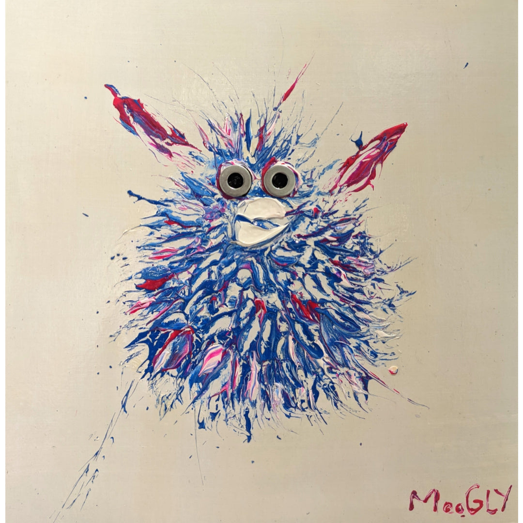 Moonfished, artwork by Moogly. Acrylic and collage on cardboard. 14 by 14 inches.