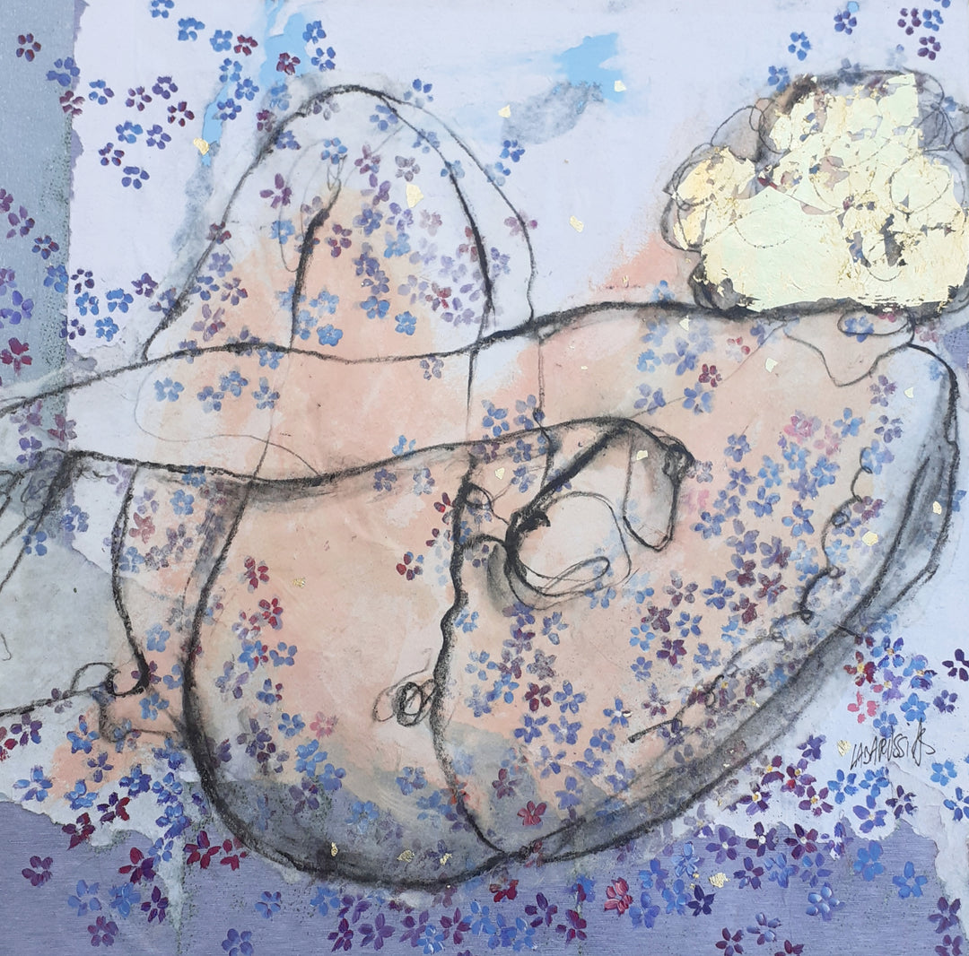 Corinne Labarussias "Myosotis 62". Charcoal, pigments, paint &amp; gold leaf on 14x14" advertising paper. Portrait of nude female with flowers and blue background.