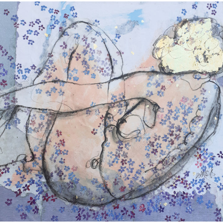 Corinne Labarussias "Myosotis 62". Charcoal, pigments, paint &amp; gold leaf on 14x14" advertising paper. Portrait of nude female with flowers and blue background.