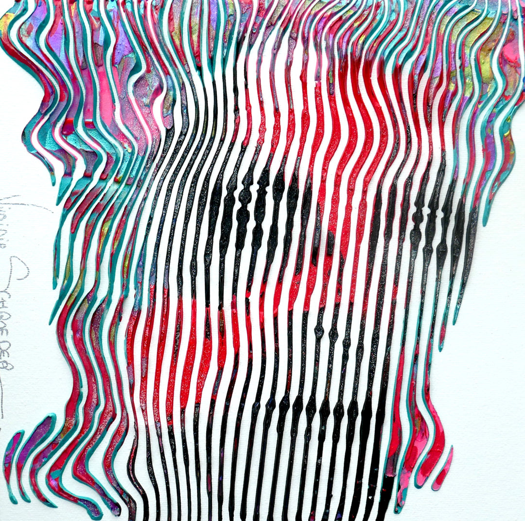 Virginie Schroeder "The Most Iconic, David Bowie", 10" x 10" white and multicolor abstract portrait painting. Acrylic and oil on canvas.