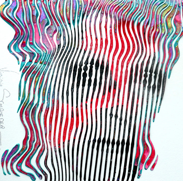 Virginie Schroeder "The Most Iconic, David Bowie", 10" x 10" white and multicolor abstract portrait painting. Acrylic and oil on canvas.
