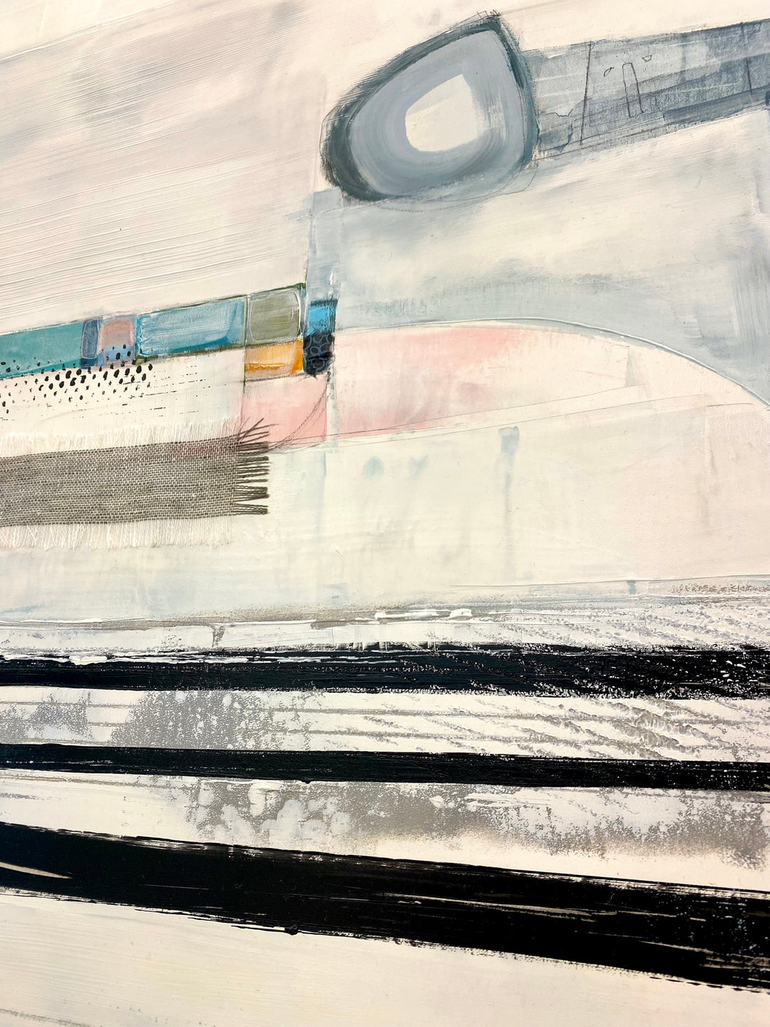 Detail of Lau Blou 48" x 48" Paradis blanc white abstract painting