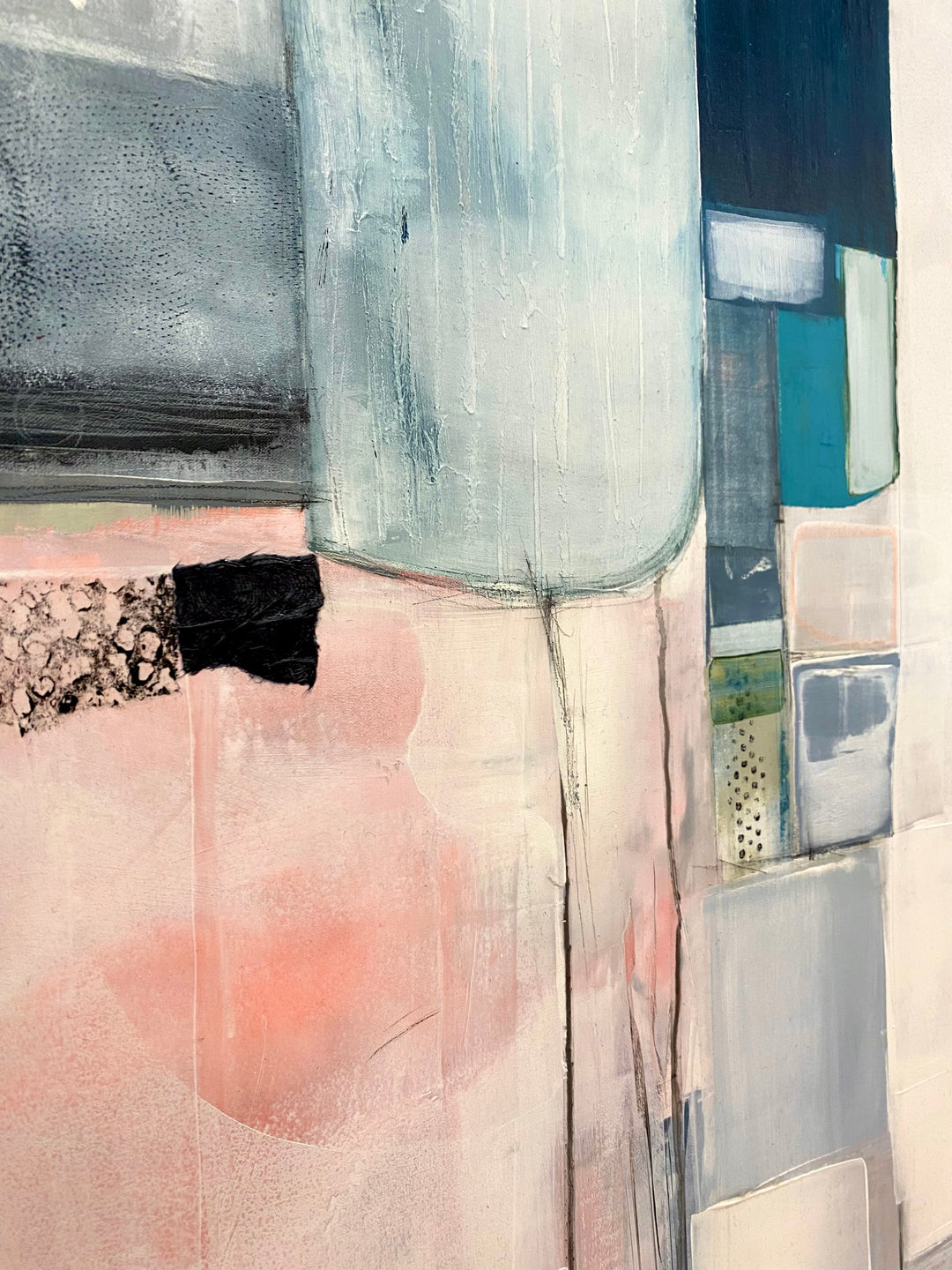Detail of Lau Blou 48" x 48" Paradis blanc white abstract painting