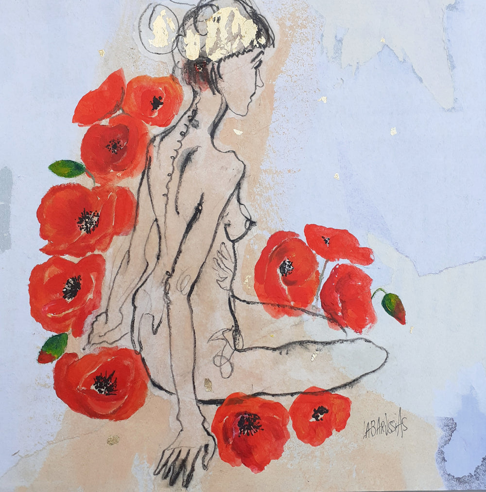 Corinne Labarussias "Poppies 51". Charcoal, pigments, paint & gold leaf on 14x14" advertising paper. Portrait of nude female with flowers and blue background.
