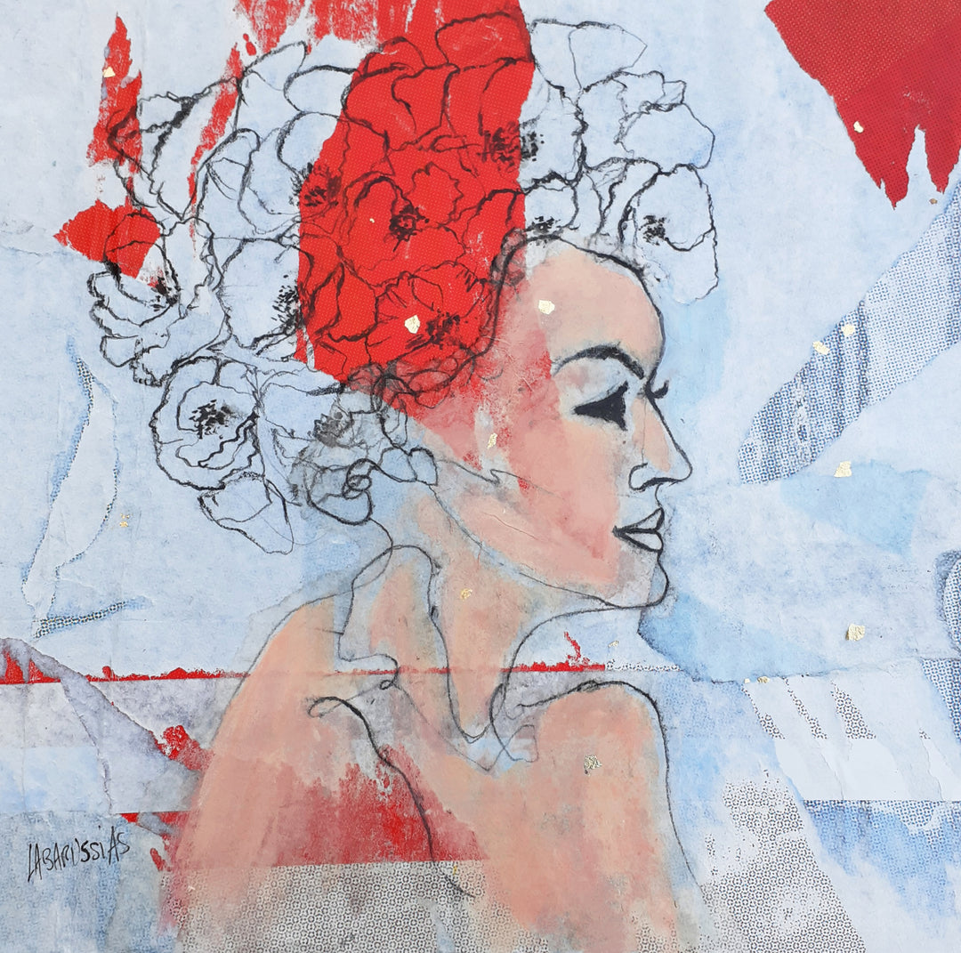 Corinne Labarussias "Portrait Poppies 59". Charcoal, pigments &amp; gold leaf on 14x14" advertising paper. Portrait of female with flowers and blue background.