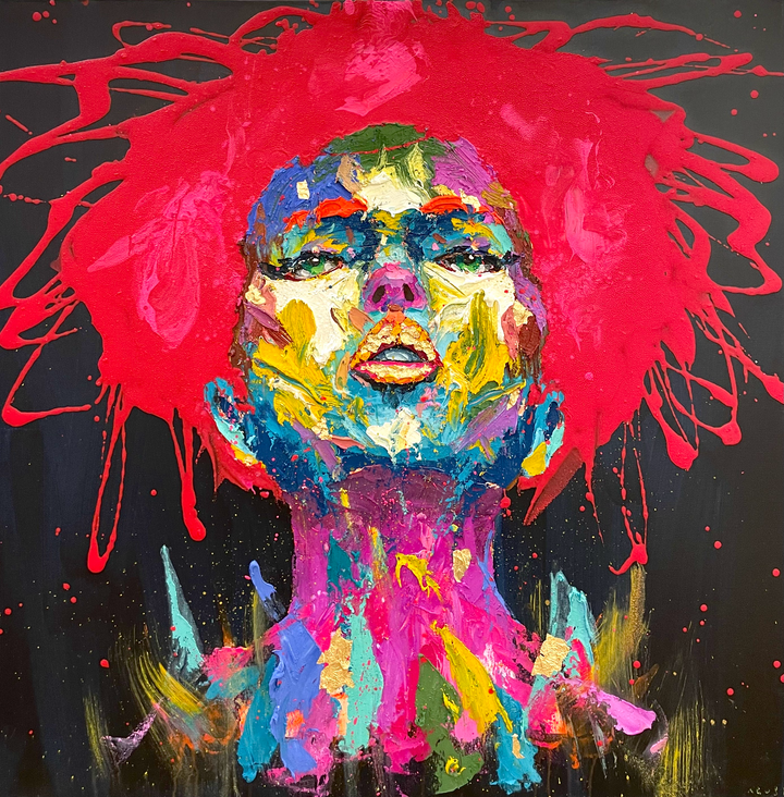 Front facing portrait of woman looking upwards slightly in thick gestural abstract brush stroked in multi color and gold foil with red splattered hair on black background