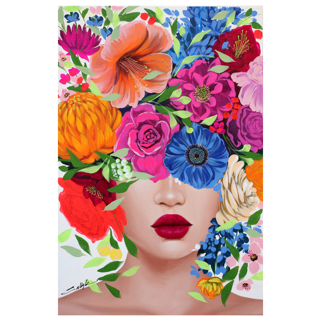 24"W x 36"H Acrylic paint and diamond dust on canvas. Woman with the upper half of her face covered by colorful flowers. 
