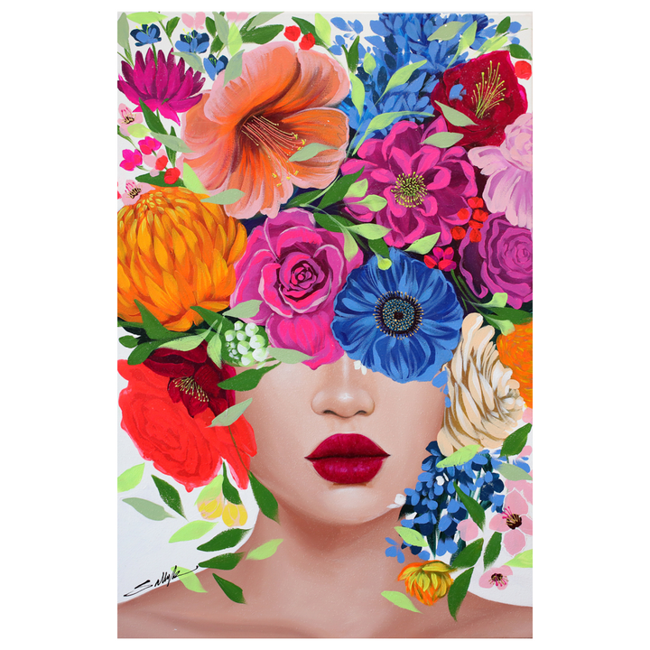 24"W x 36"H Acrylic paint and diamond dust on canvas. Woman with the upper half of her face covered by colorful flowers. 