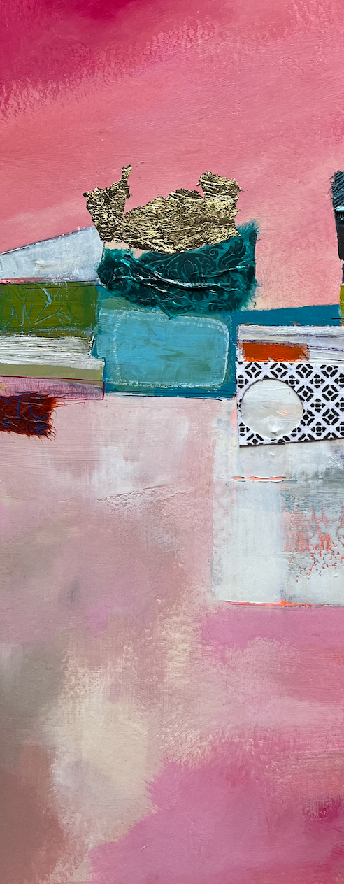 detail of Matin Tout Doux, artwork by Lau Blou. Acrylic paint, fabric, and gold leaf on cardboard. 14 by 14 inches.