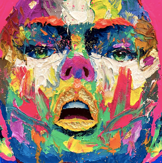 straight on portrait of woman face mouth open in thick gestural brushstrokes in bright neon color on blue background splattered pink hair