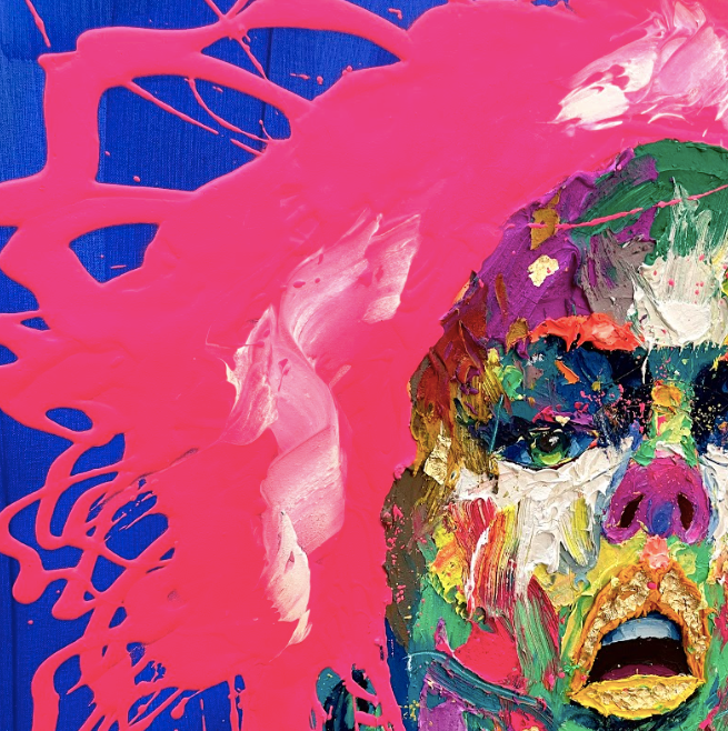 straight on portrait of woman face mouth open in thick gestural brushstrokes in bright neon color on blue background splattered pink hair