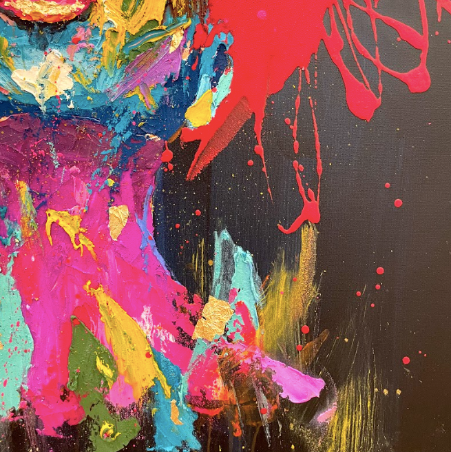 Front facing portrait of woman looking upwards slightly in thick gestural abstract brush stroked in multi color and gold foil with red splattered hair on black background